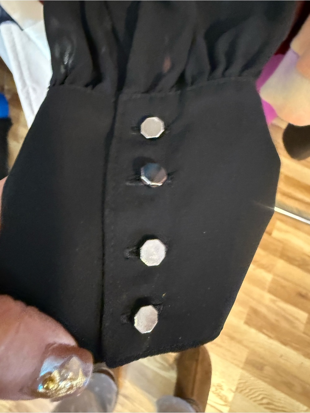 W6 White House Black Market Large Black Sheer Sleeve Button Cuff Blouse - Picture 5 of 8